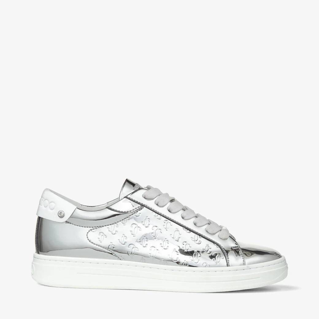 Silver Leather and Metallic JC Monogram Pattern Low Top Trainers
