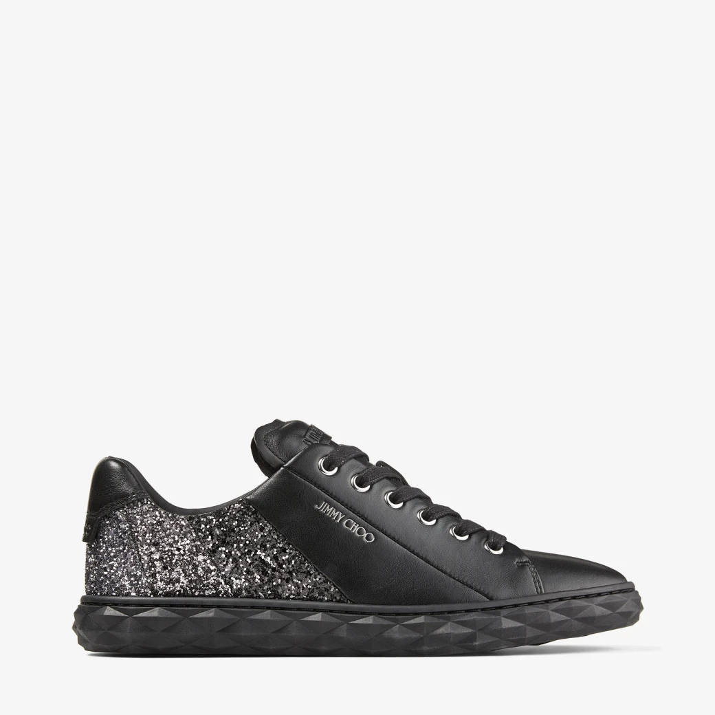 Black Nappa Leather Low-Top Trainers with Glitter Panels
