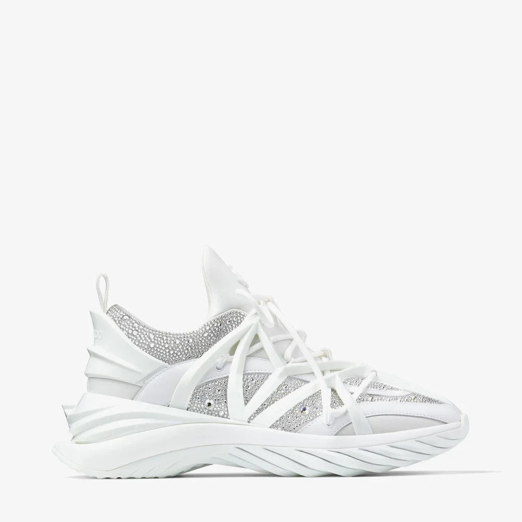 White Neoprene and Leather Low-Top Trainers with Crystals