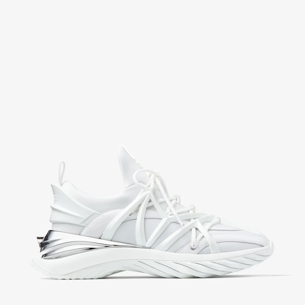White and Silver Leather and Neoprene Low-Top Trainers