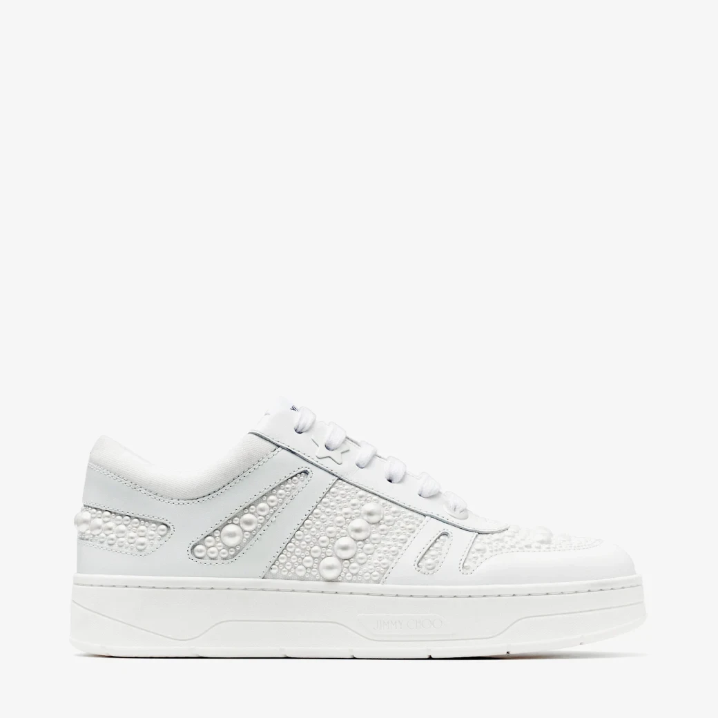 White Calf Leather and Canvas Low Top Trainers with Pearl Embellishment