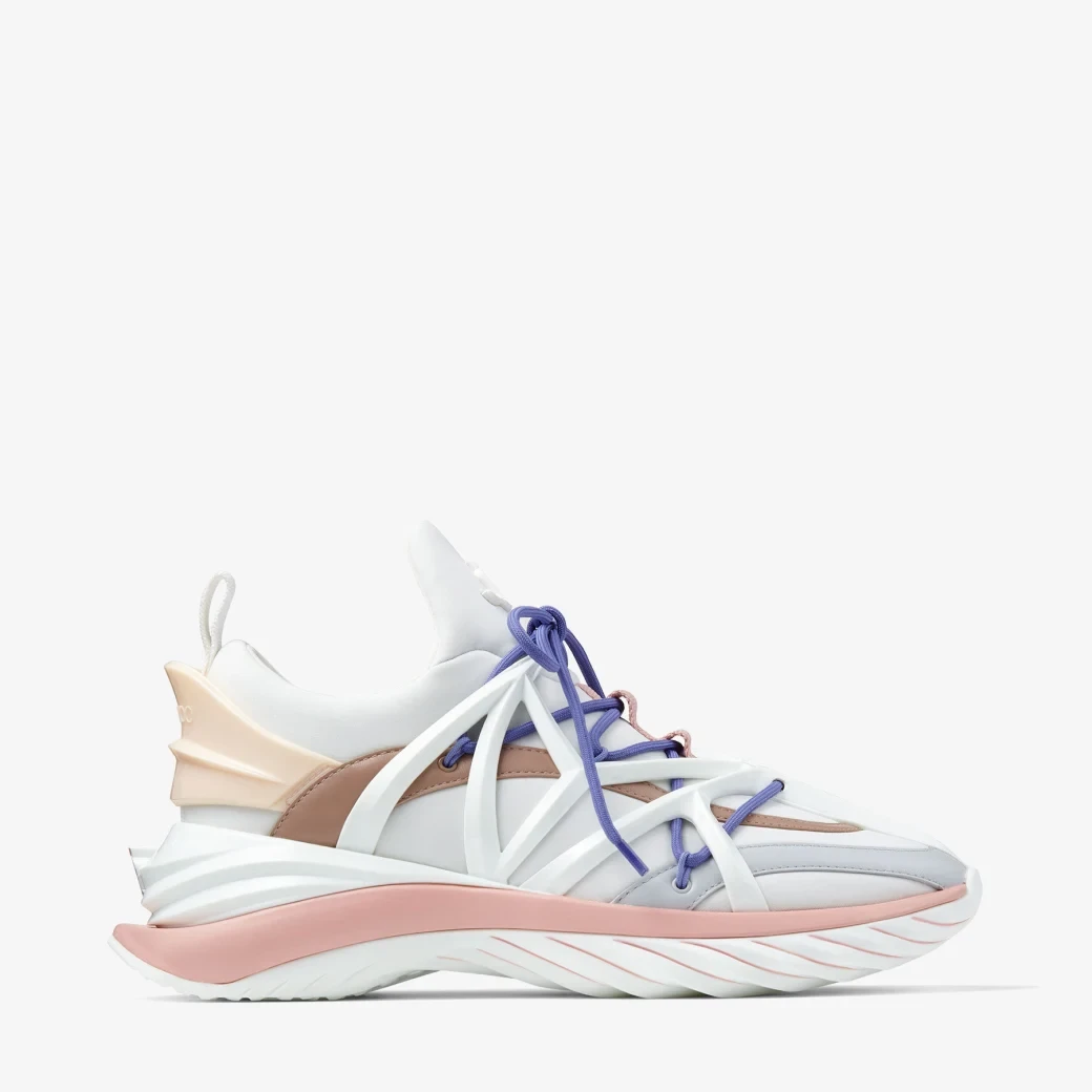 White and Ballet Pink Leather and Neoprene Low-Top Trainers