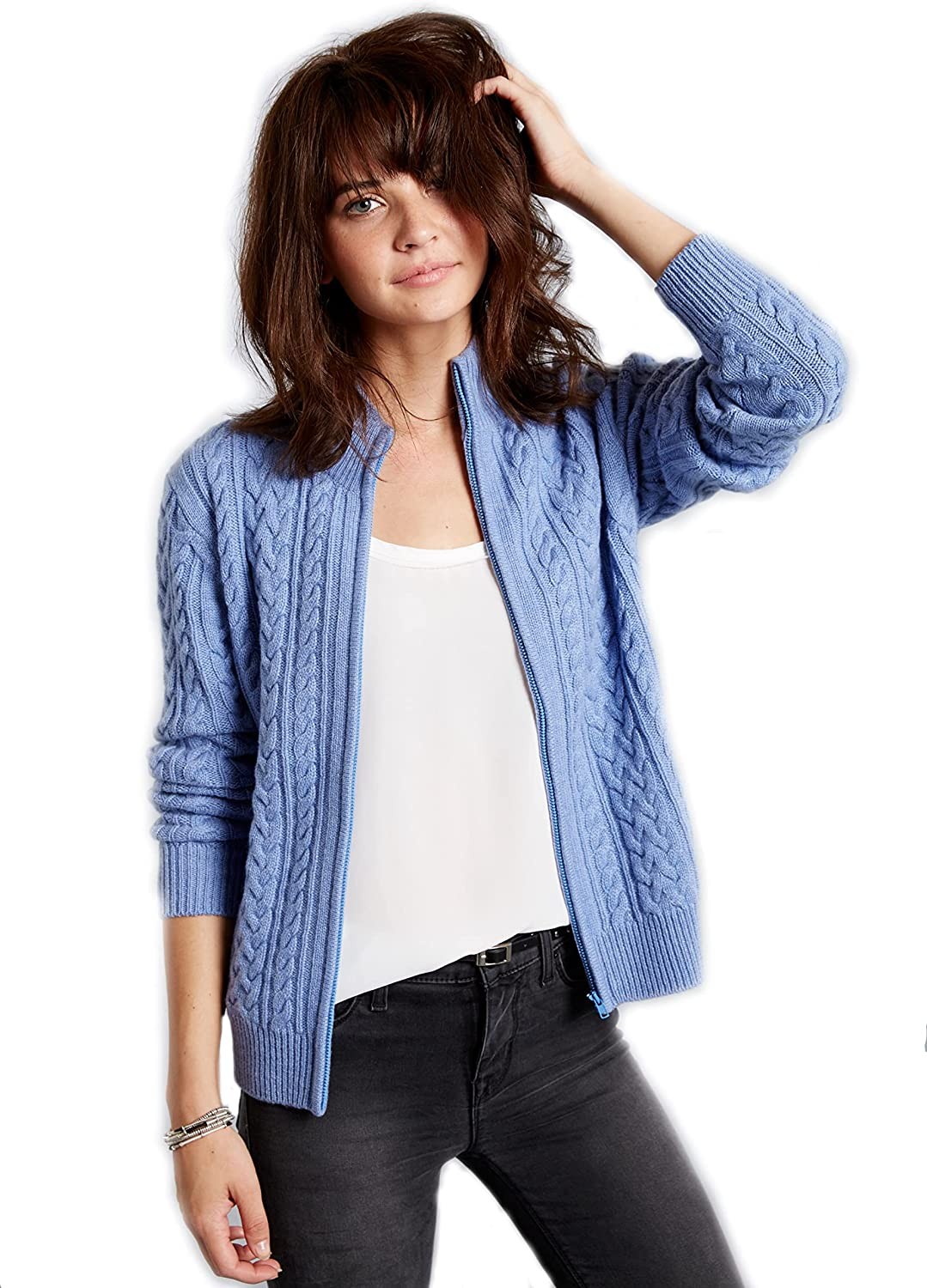 Invisible World Women's 100% Cashmere Sweater Cable Knit Cardigan Katy