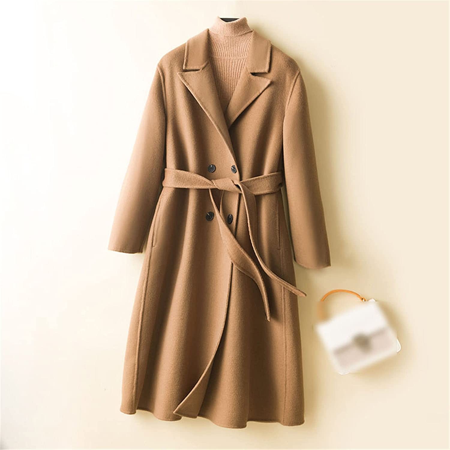 Zouyeeph Women's Wool Coat 100% Merino Wool Coat Elegant Winter Cashmere Coat Double Breasted Belt