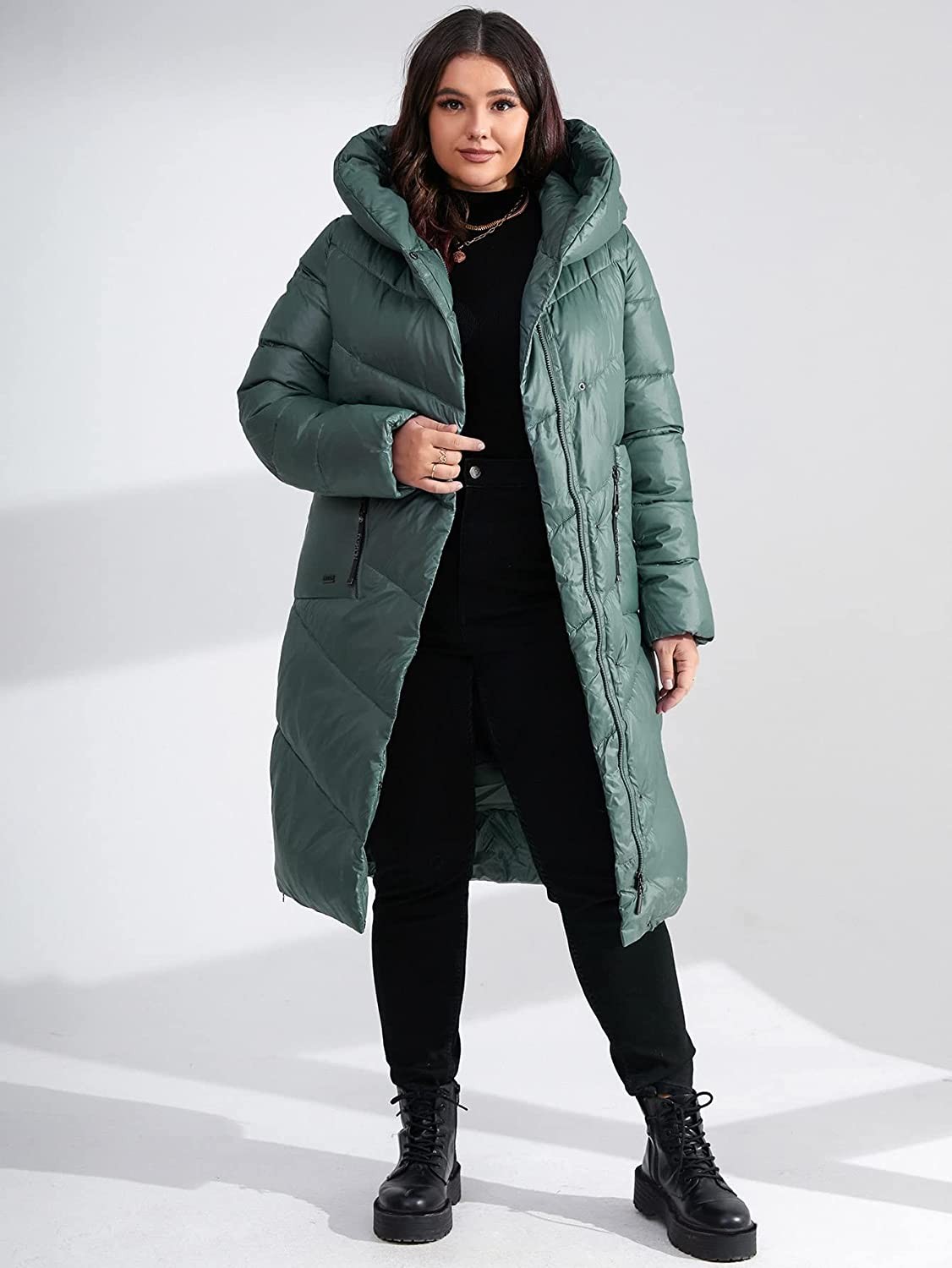 Winter Coat Plus Slant Pockets Hooded Puffer Coat