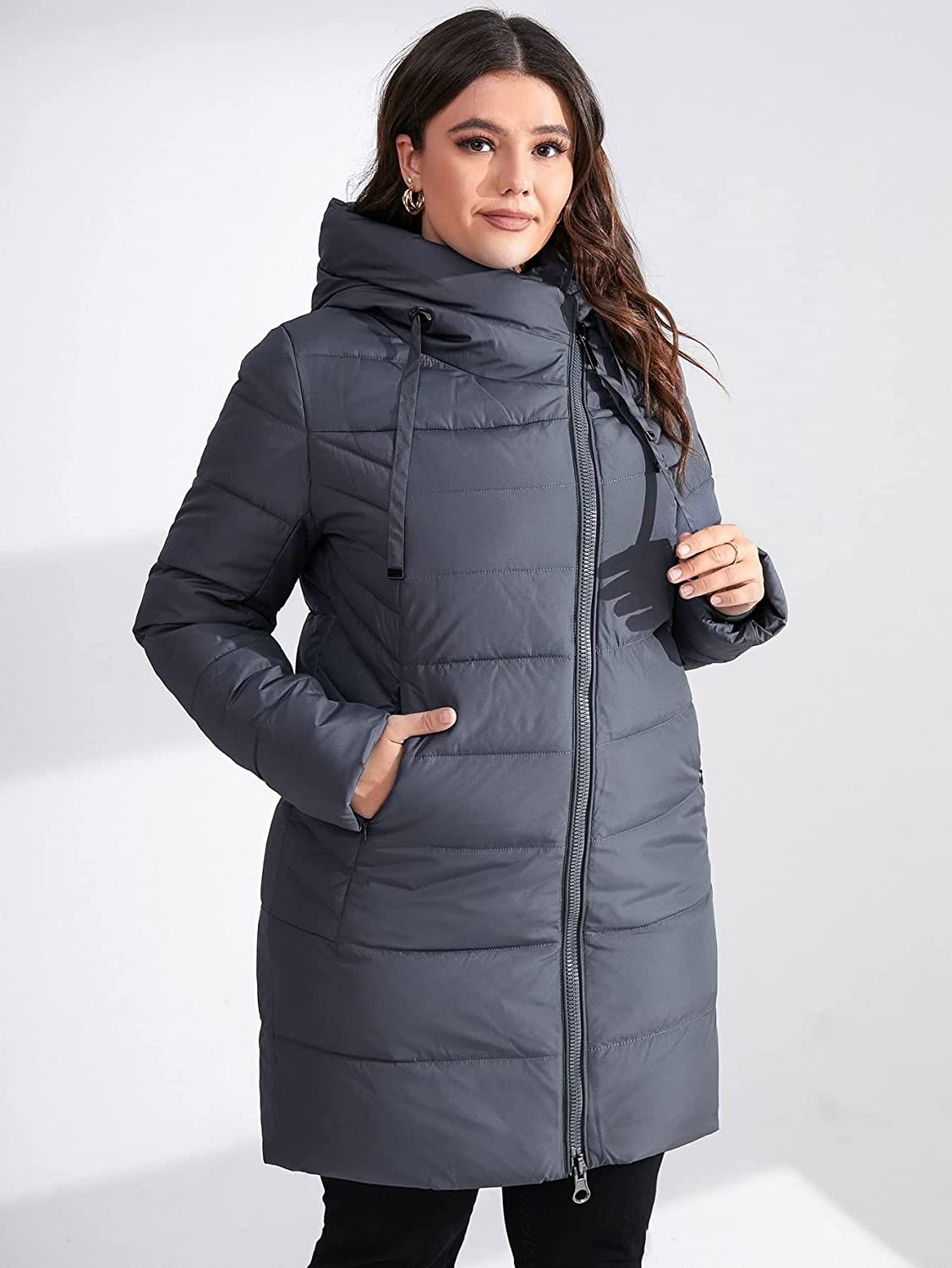 Winter Coat Plus Zipper Up Drawstring Hoodie Puffer Coat