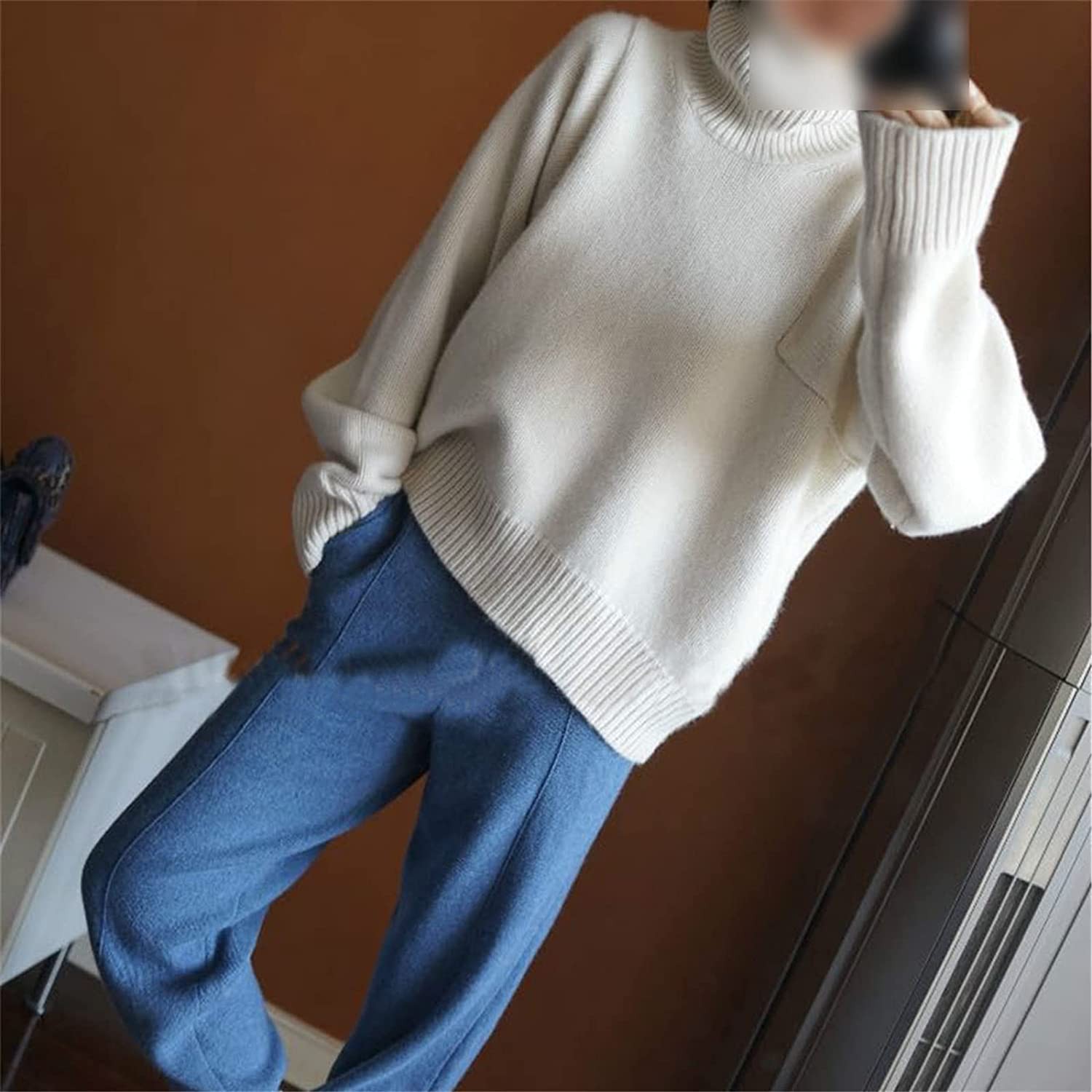 JNKIHAPOT 100% Cashmere Sweater Women's Autumn and Winter Wear Loose Turtleneck Thickened White Lazy Wind Knitted Sweater