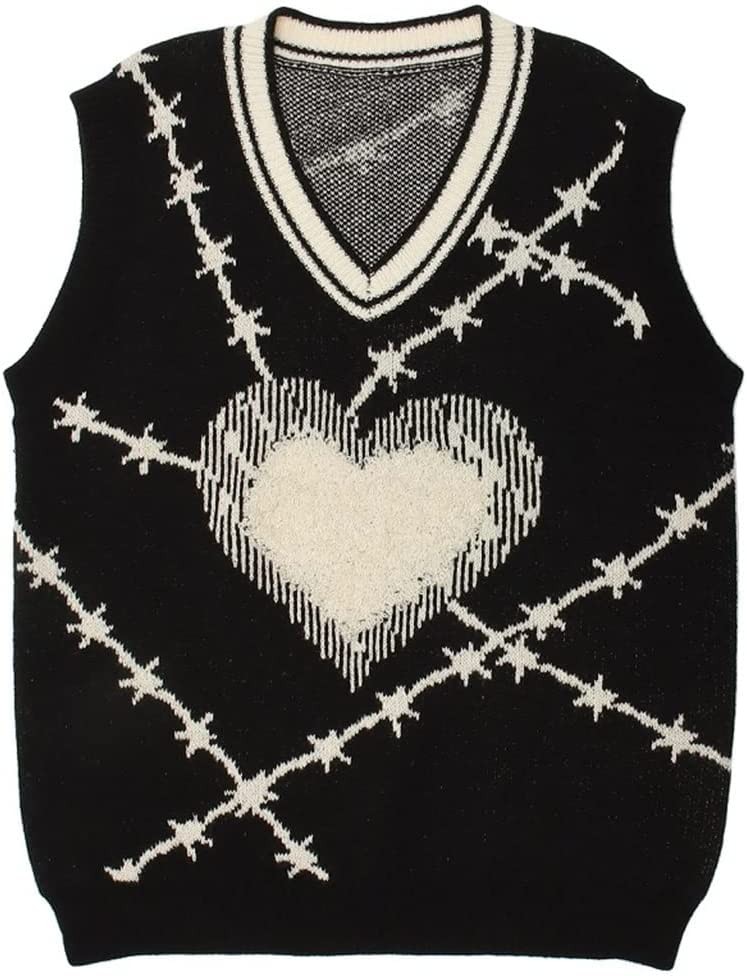 WSJIE Heart Jacquard Sleeveless Sweater Vest Loose Casual Vintage V-Neck Pullovers Women StreetwearWaistcoat