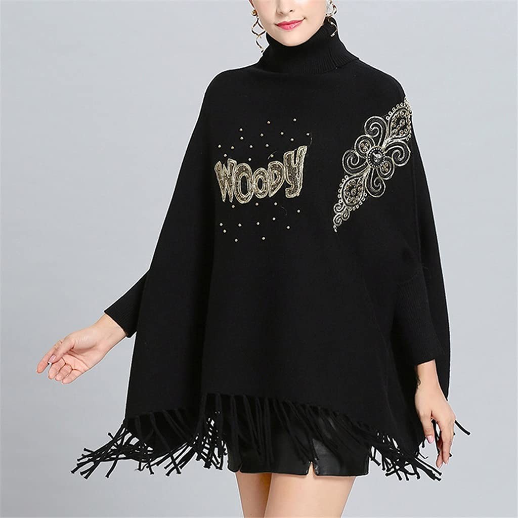 YCZDG Women Winter Knitted Bat Sleeves Sweater Lady High Neck Cape Triangle Tassel Loose Pullover Coat