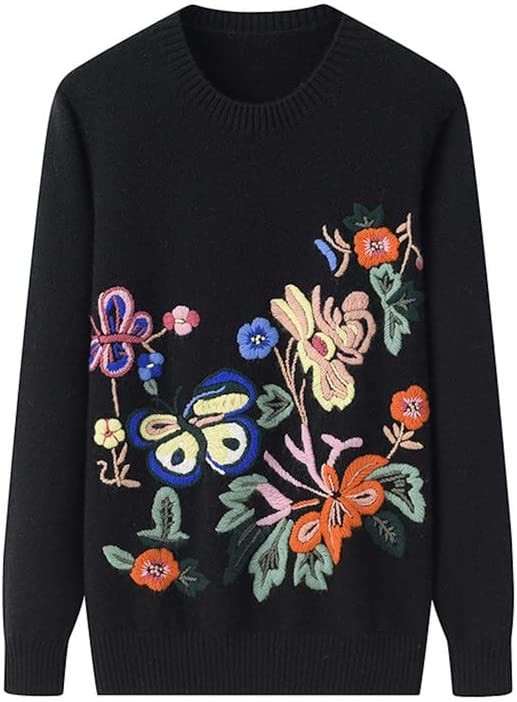 HangErFeng Cashmere Sweater Hand Embroidery Women's Ribbed Collar Autumn Winter Thicken Knit Tops Dress 1610