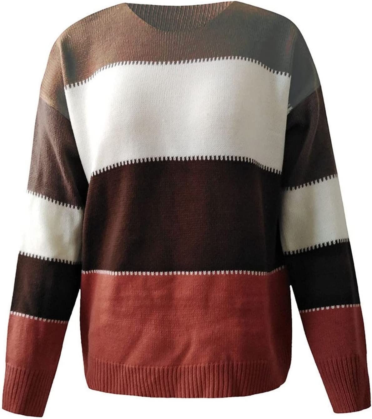HOUKAI Women's Winter Sweater Color Block Striped V Neck Sweater Long Sleeve Knit Pullover Jumper Tops Female Clothing