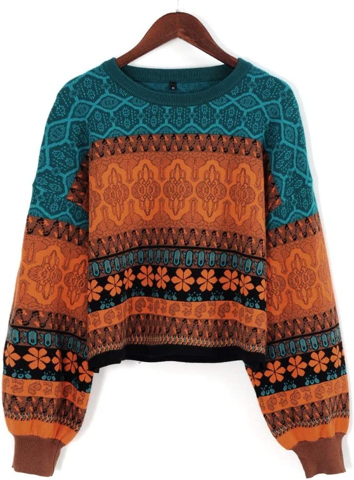 TWDYC Woman Short Sweater Retro Chic Splicing Color Winter Young Girls Warm Clothing Knitted Flower Pattern Pullover for Women