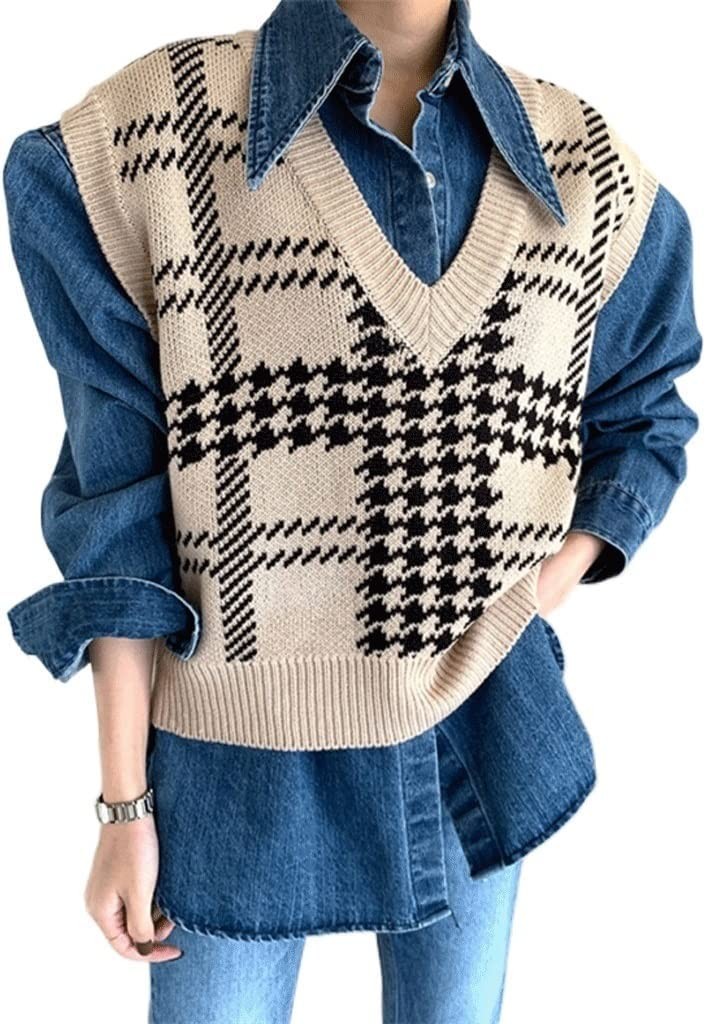 GELTDN Autumn Winter Women Sweaters Pullover V-Neck Sleeveless Plaid Knitted Checkered