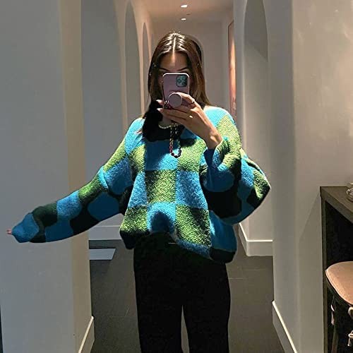 TJLSS Autumn Winter Knitted Checkered Loose Sweaters Women Long Sleeve Top Pullover Streetwear Sweater Oversized