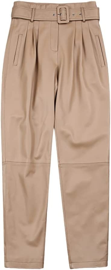 Women Trousers Winter Genuine Leather High Waist Casual Slim Carrot Pants with Pockets Belt