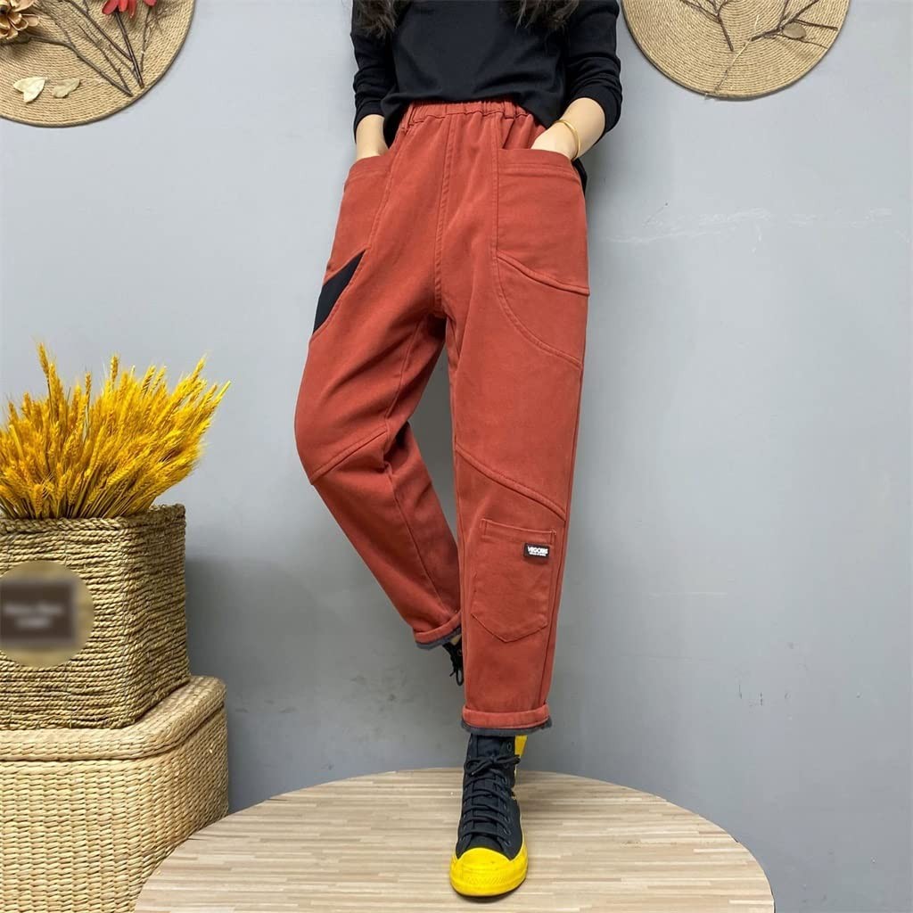 WALNUTA Autumn Winter Women Jeans High Waist Vintage Patchwork Fleece Thicken Harem Pants Casual Denim Trousers
