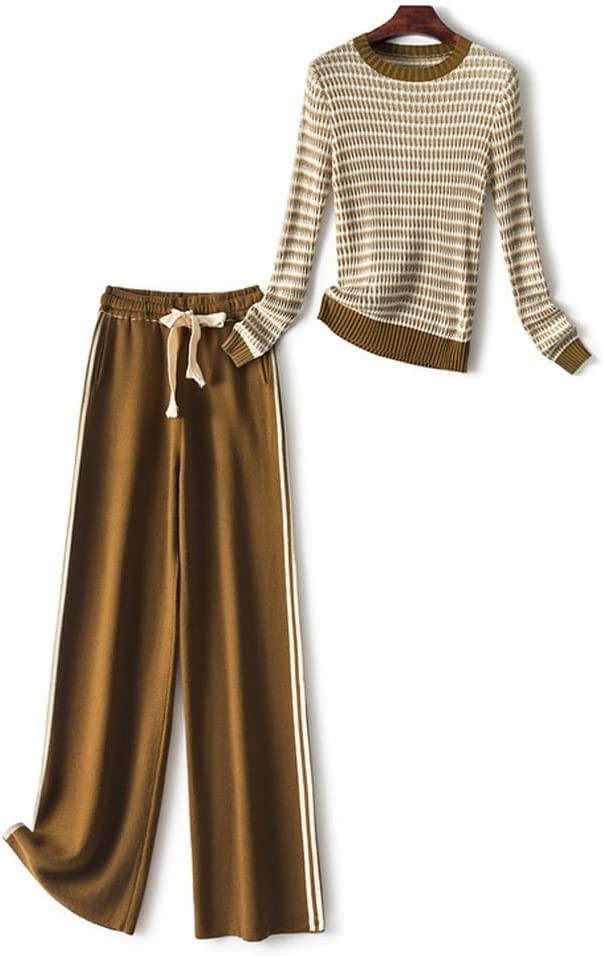 Autumn Winter Knitted Suit Pants Set 2 Piece Women Fashion Striped Pullover Sweater Top Trousers Casual Outfits