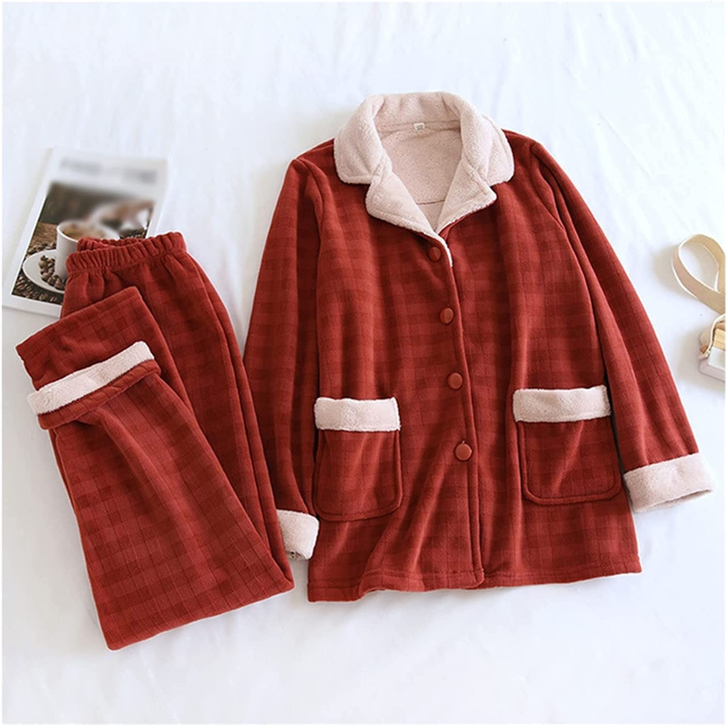 CCBUY Thick Velvet Plaid Pajamas Suit Autumn Winter Sleepwear Long Sleep Trouser Suit Women