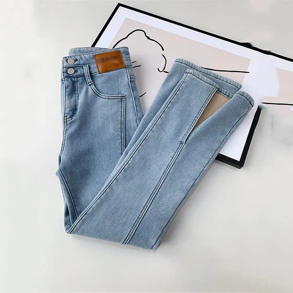 LEPSJGC Women's Plus Velvet Flare Jeans Winter Warm LongFashion Thick Denim Trousers High Waist Bell-Bottomed Pants