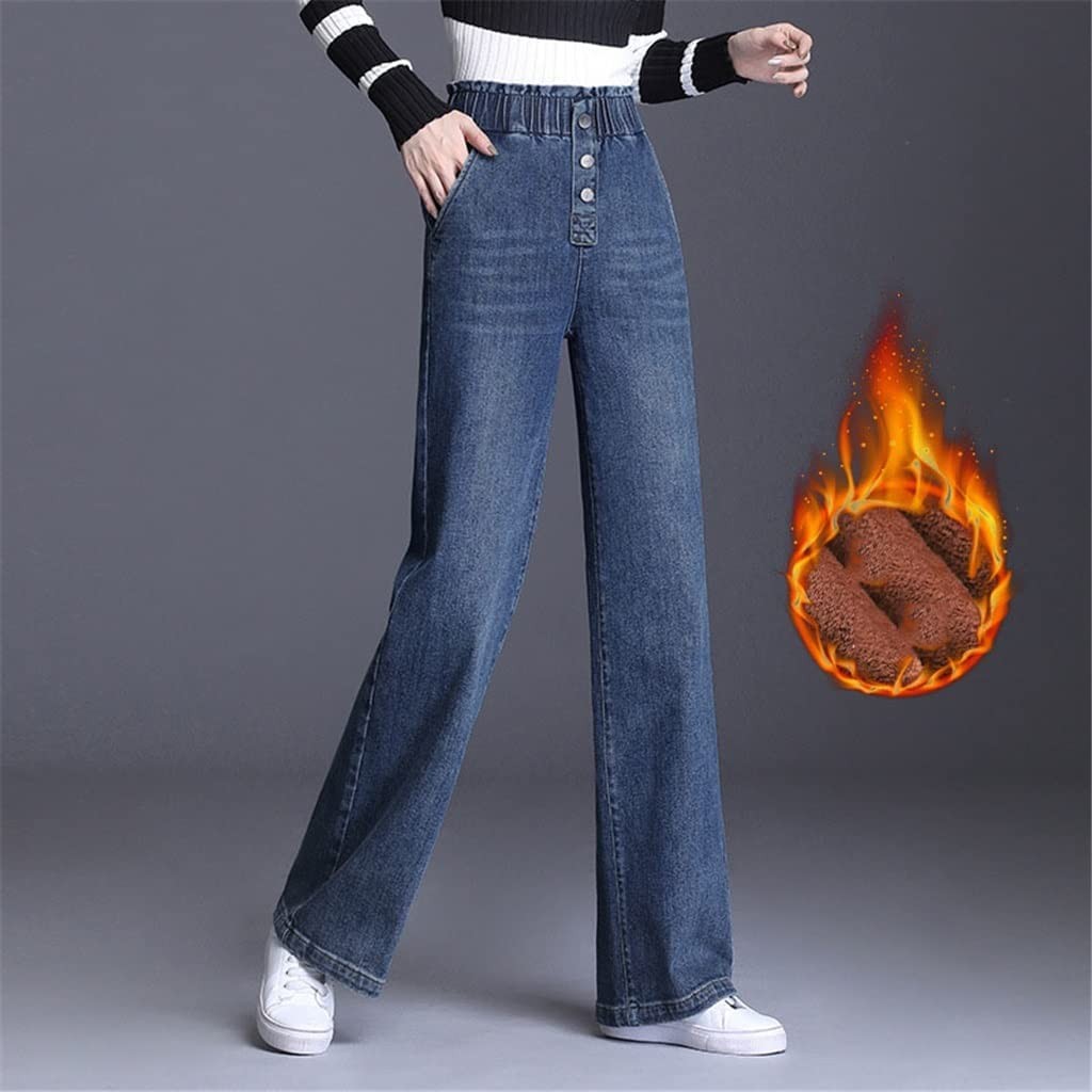 YCZDG Women Warm Lined High Waist Wide Jeans Pants for Women Winter Thick Straight Loose Denim Long Trousers