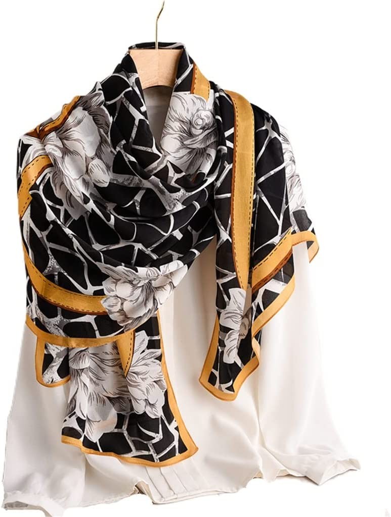 MJWDP Black Printed Long Silk Scarf All-Match Mulberry Silk Scarf Women's Spring and Autumn Shawl