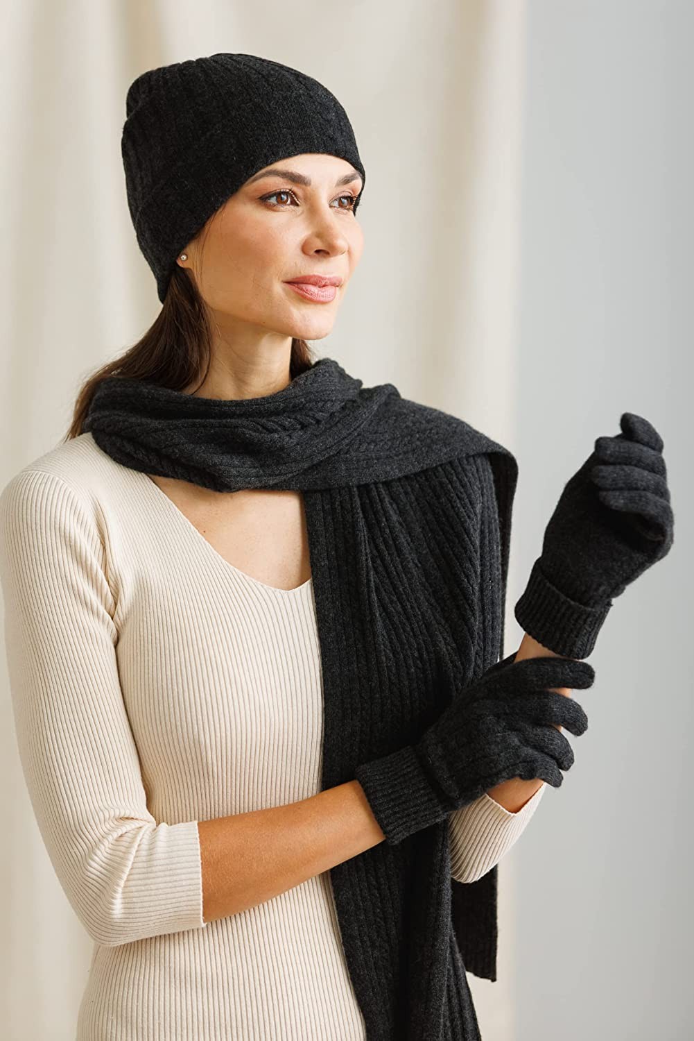 Fishers Finery Women's Pure Cashmere Cable Knit Hat Glove Scarf Set with Gift Box
