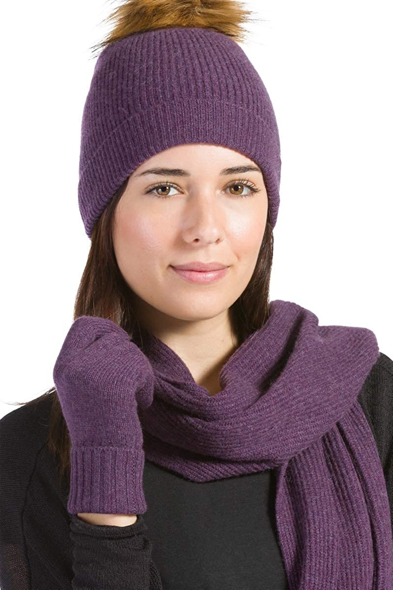 Fishers Finery Women's 3 Piece 100% Cashmere Pom Beanie Hat Glove