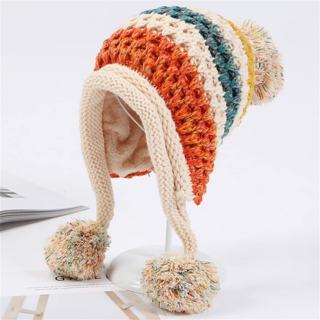 Winter Knit Hat Ladies Patchwork Pom Pom Earmuffs Cap Ladies Warm Thick Millennium Hat