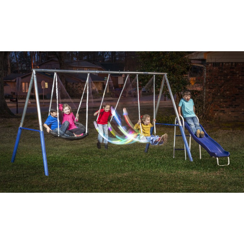 XDP Recreation Firefly? Metal Swing Set with Galvanized Metal A-Frame design, Wave Slide, Firefly? LED Swing Seats