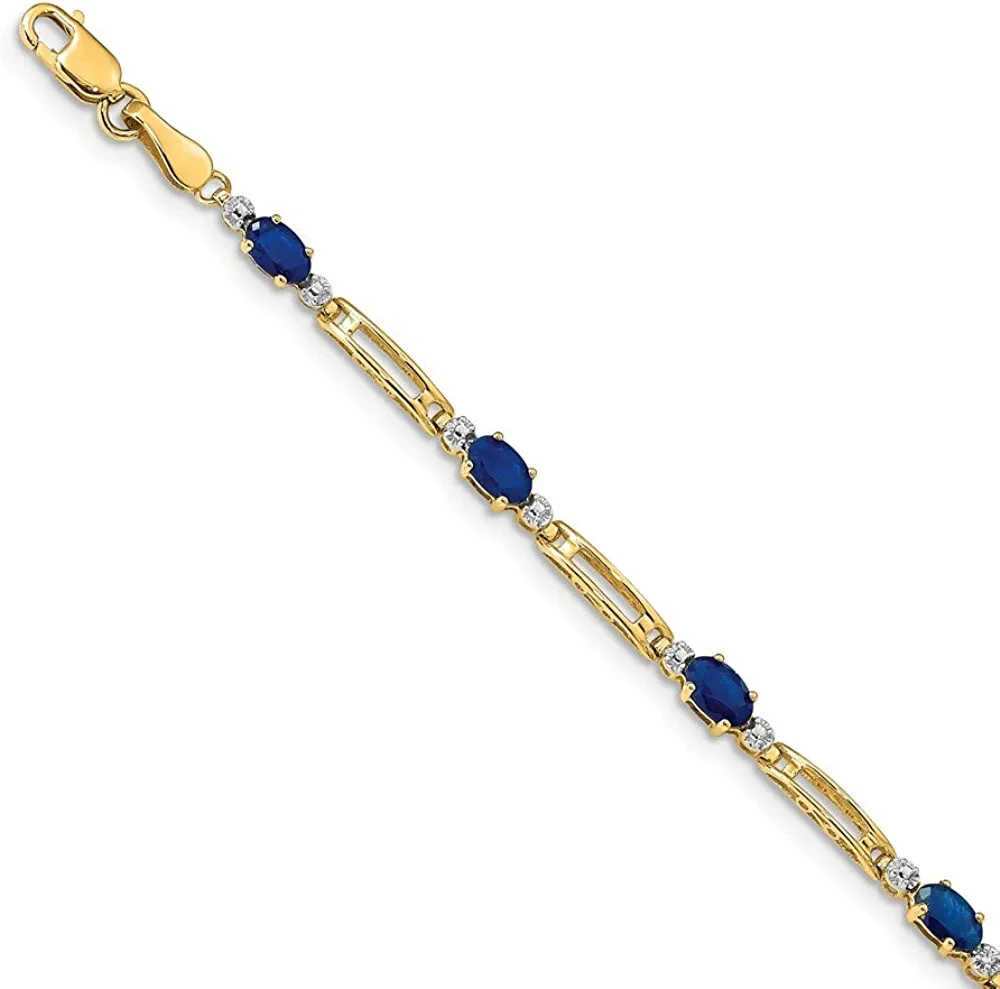 Solid 14k Yellow Gold Completed Unique Diamond/Sapphire Blue September Gemstone Bracelet - with Secure Lobster Lock Clasp 7" (Width = 4mm)