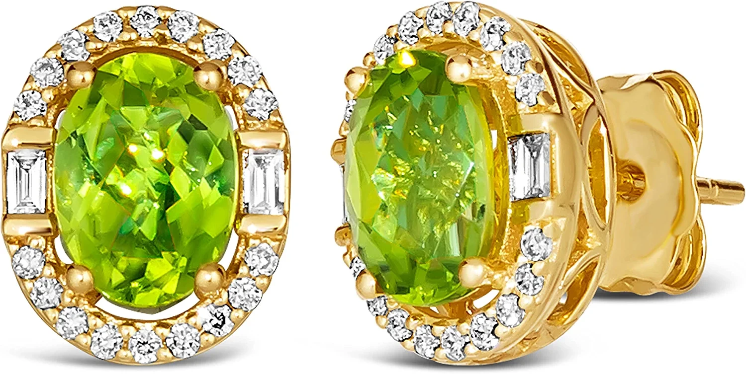 1/5 Carat Diamond and 1 2/3 Carat Green Peridot Oval Halo Stud Earrings for Women in 14k Yellow Gold (G-H, SI1-SI2 / VS2-SI1, cttw) Push Back Studs by LeVian