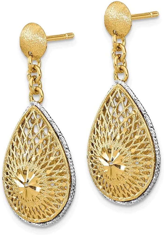 14k White and Yellow Gold Two Toned Diamond-Cut Filigree Teardrop Studs Post Dangle Earrings - 30mm x 14mm