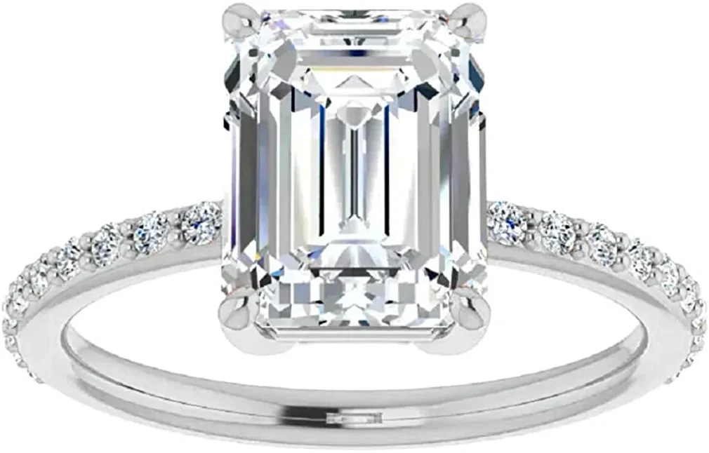10K Solid White Gold Handmade Engagement Rings 1.5 CT Emerald Cut Moissanite Diamond Solitaire Wedding/Bridal Ring Set for Women/Her Propose Ring