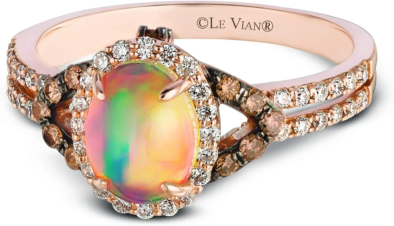 2/5 Carat Diamond and 3/5 Carat Opal Cabochon Oval Halo Split Shank Ring for Women in 14k Rose Gold (Fancy Brown/H-I, SI1-SI2, cttw) Promise Anniversary Ring Size 5 to 12.5 by LeVian