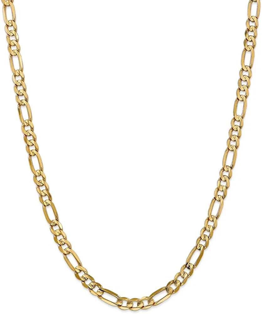 Solid 14k Yellow Gold 6mm Concave Open Figaro Chain Necklace - with Secure Lobster Lock Clasp