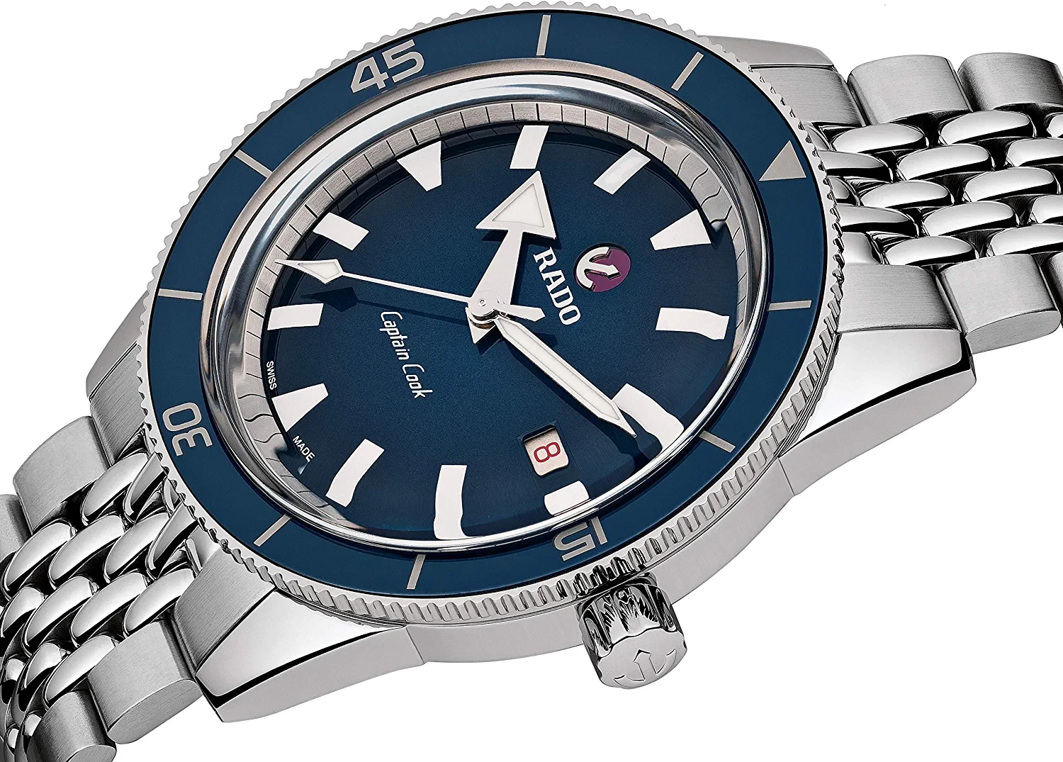 Rado Men's Captain Cook 42 mm Automatic Diving Watch with Stainless Steel Strap, Silver-Tone, 20 (Model: R32505203), Blue