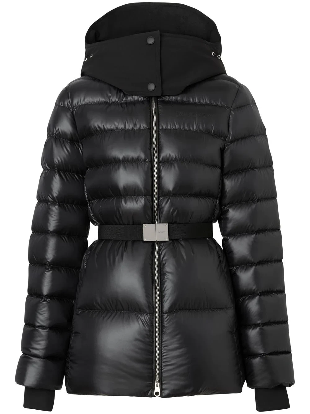 contrast hood belted puffer jacket