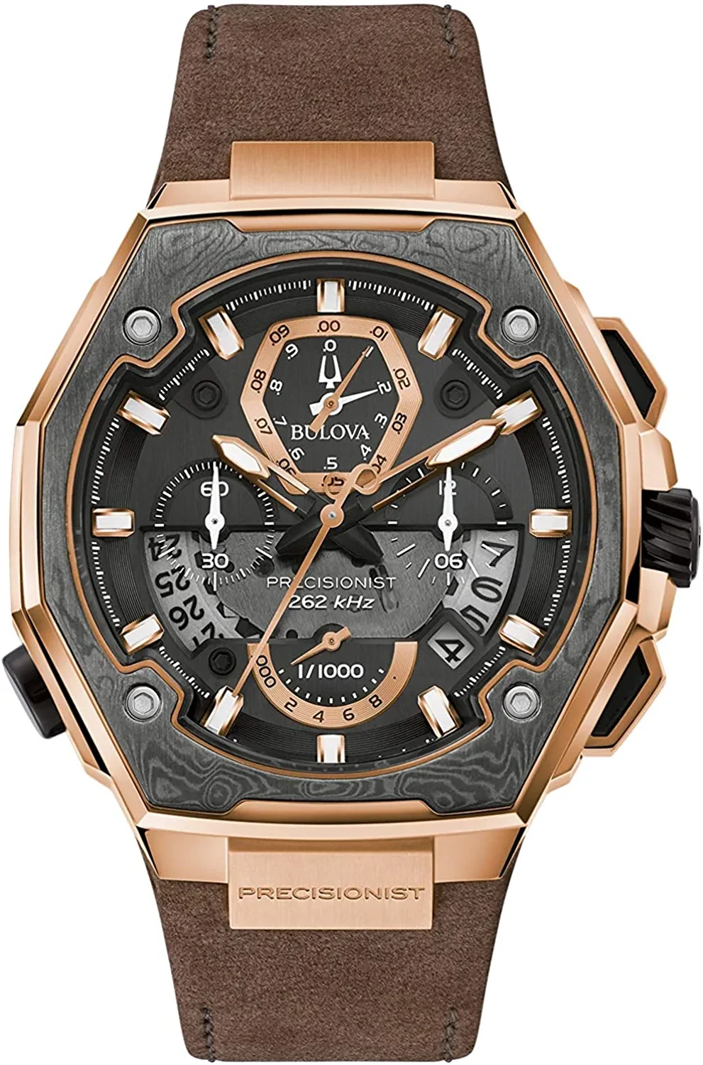 Bulova Men's Precisionist X 10th Anniversary Rose Gold Stainless Steel and Demascus Steel 8-Hand Chronograph Watch with Brown Leather Strap and Sapphire Crystal Style: 98B356