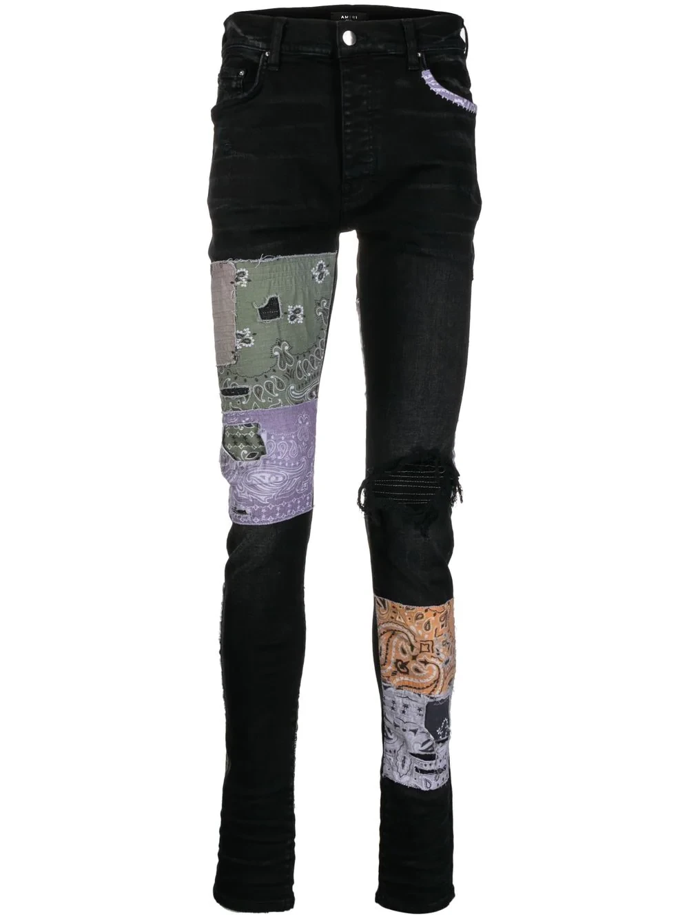 distressed patchwork skinny jeans