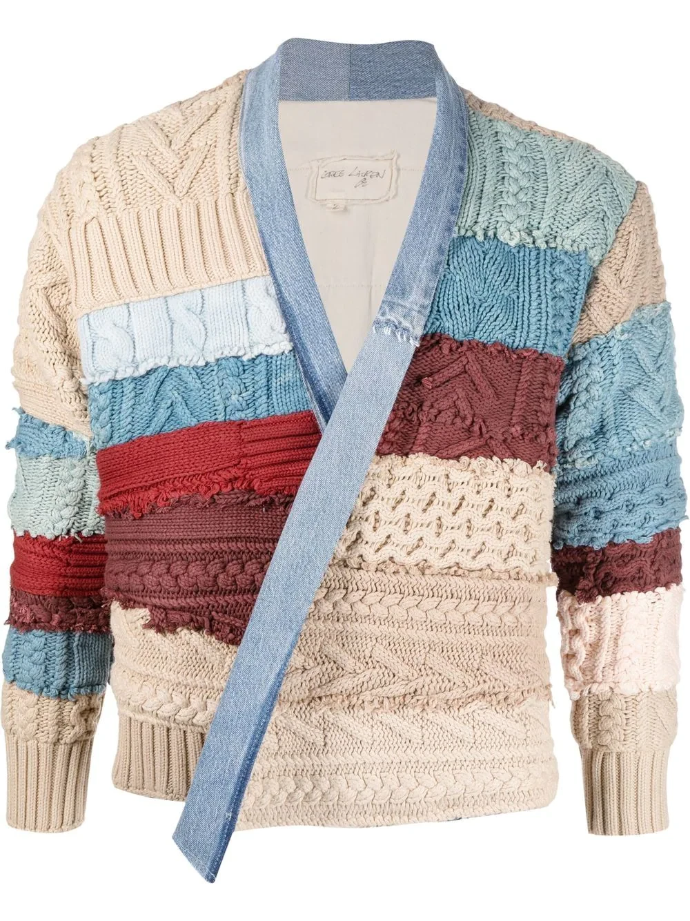 New Season Greg Lauren patchwork denim-trim cardigan
