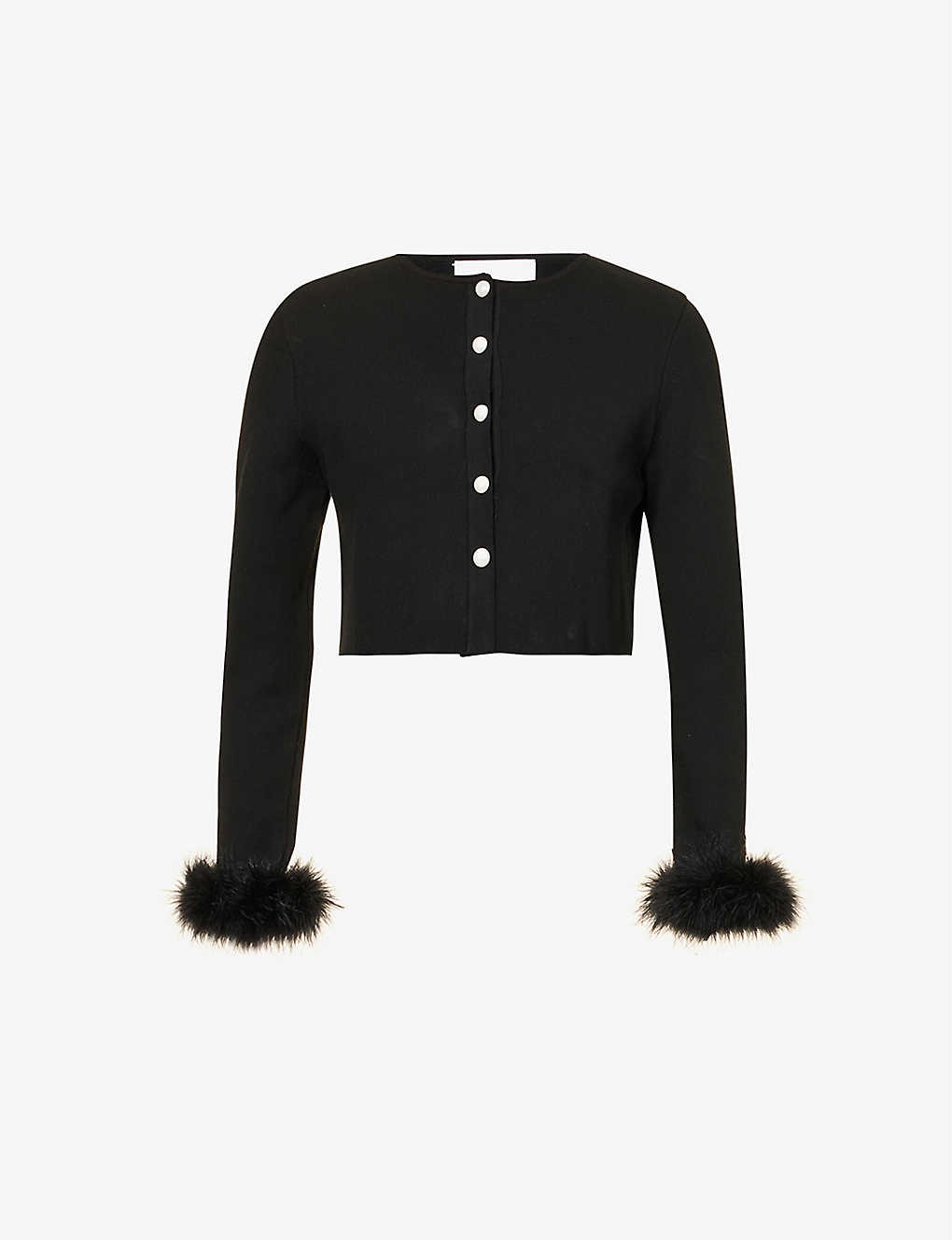 Feather-trim round-neck stretch-woven cardigan