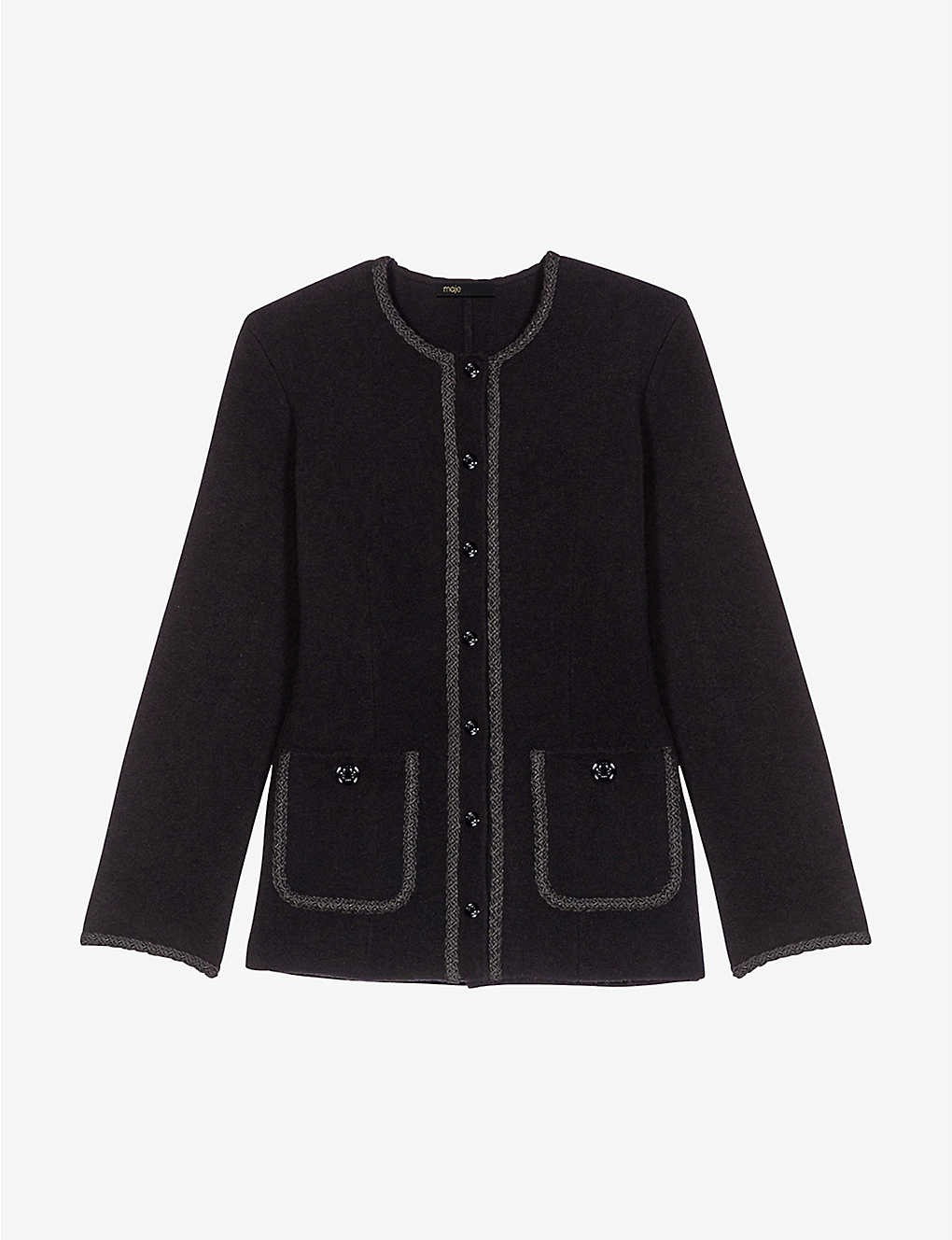 Lock knit-trim stretch-woven cardigan