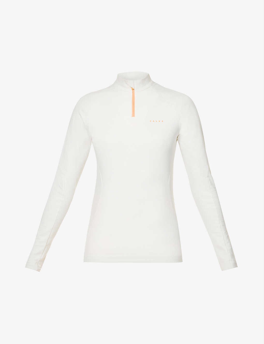 High-neck long raglan-sleeve stretch-woven top