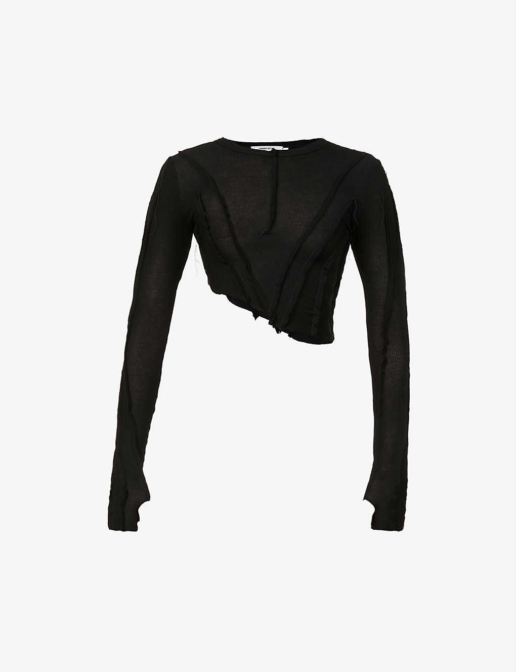 Asymmetric long-sleeved upcycled-jersey top