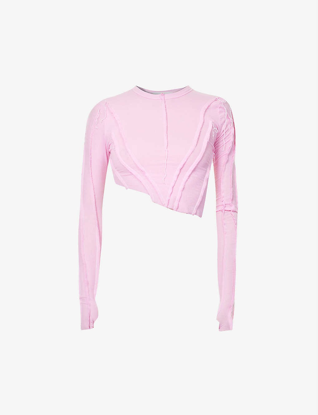 Asymmetric long-sleeved stretch-woven top