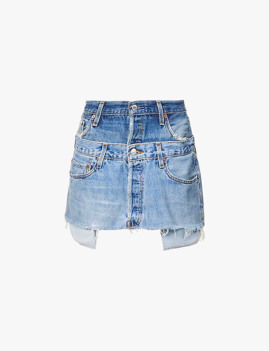 Reinvented Double upcycled-denim mini skirt