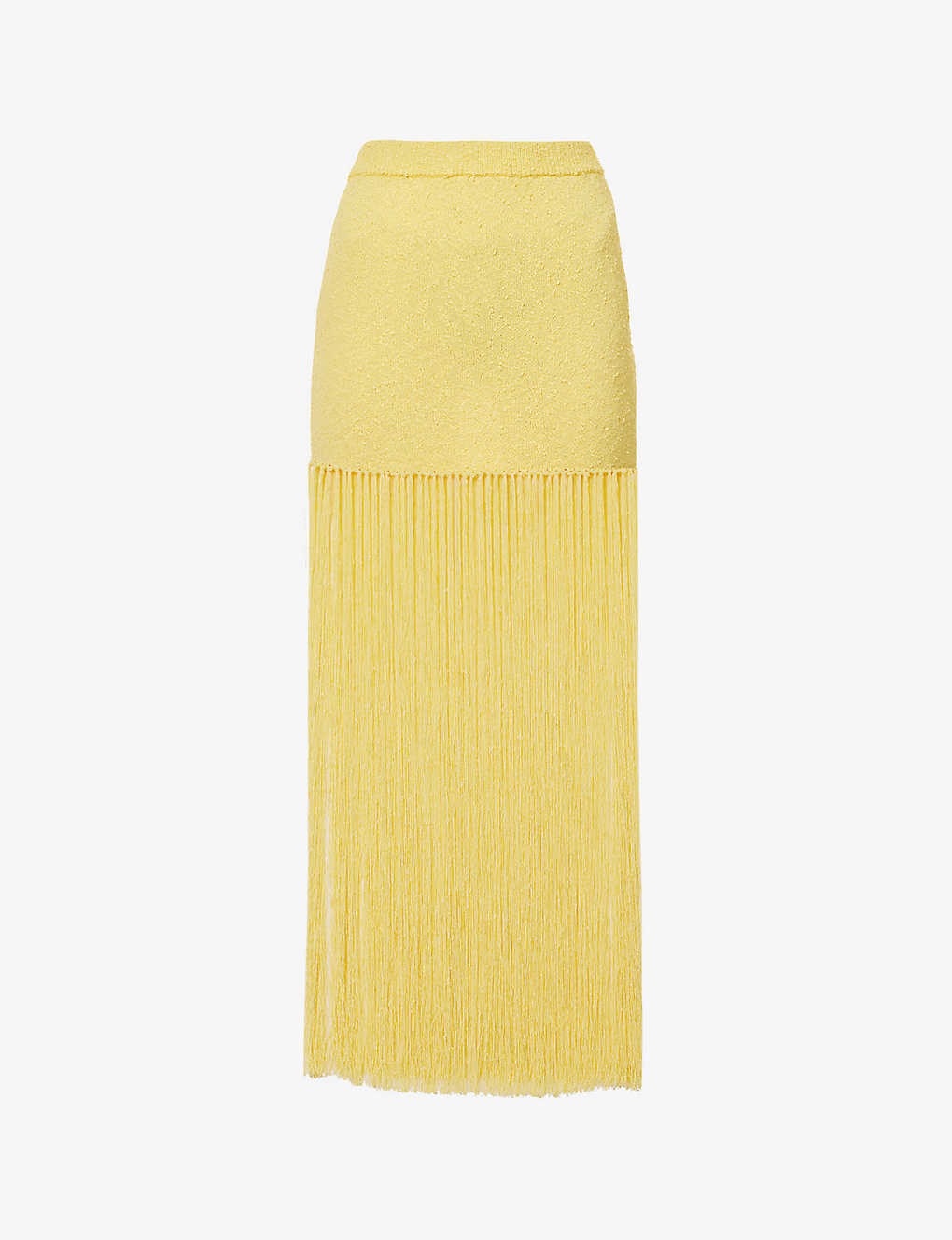 Fringed high-waisted knitted midi skirt