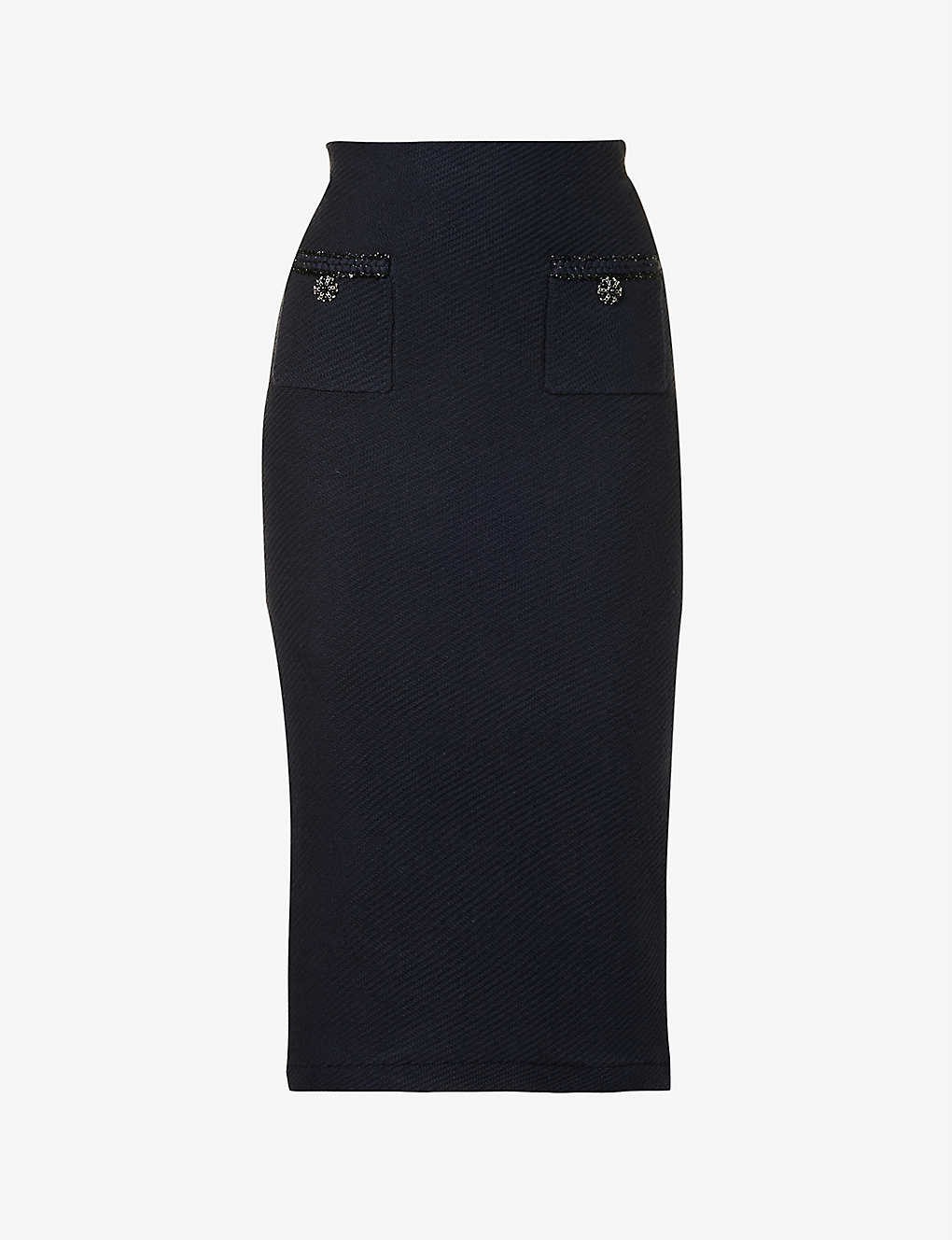 Button-embellished cotton-blend knitted midi skirt