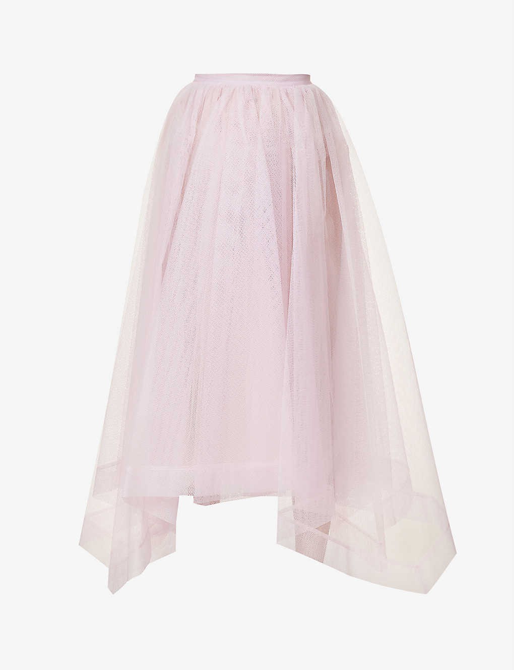 Asymmetric-hem mesh-knit woven midi skirt