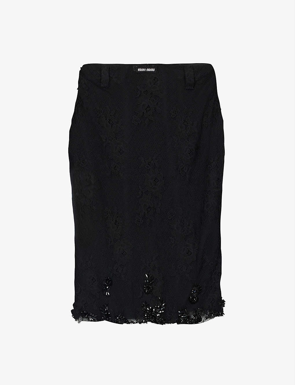 Floral-lace high-waist cotton-blend midi skirt